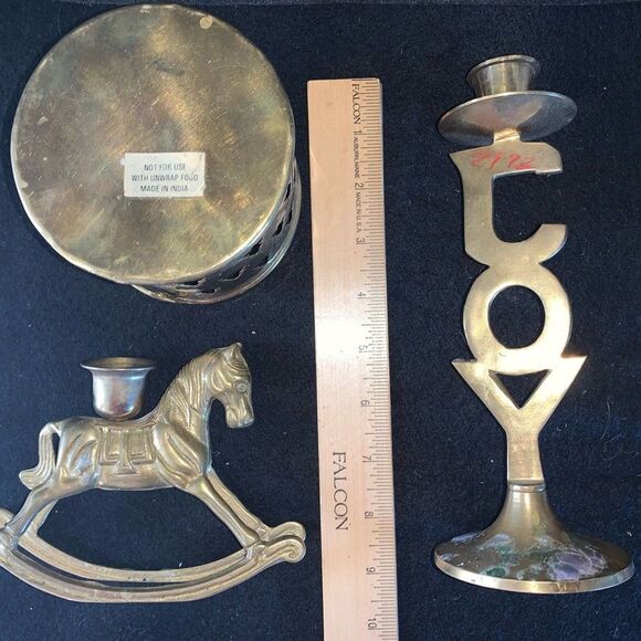 Triptych Brass Candle Holder Set - Joy Design, Rocking Horse, Voltive Pine Trees - Picture 6 of 13